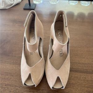 Pedro Garcia Beige Suede Peep-Toe Wedge Sandals